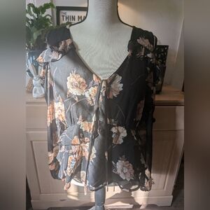 Floral Black Women's Cold Shoulder Long sleeve Blouse